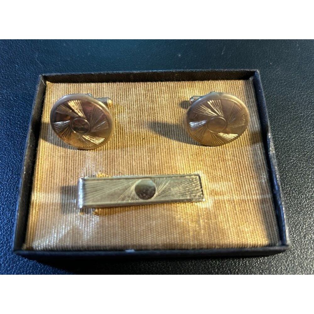 Vintage Gold Tone Sunburst Cufflinks & Tie Clip Set 3 Piece Boxed Mid Century - Picture 5 of 5